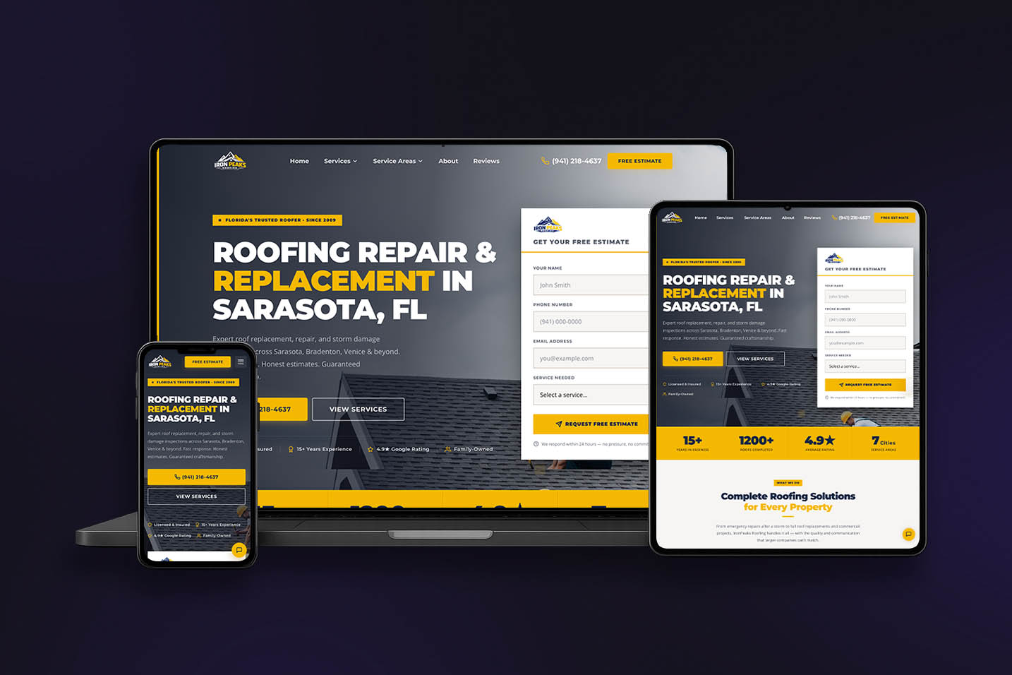 IronPeaks Roofing website built by Fun Systems, shown on laptop, tablet and phone