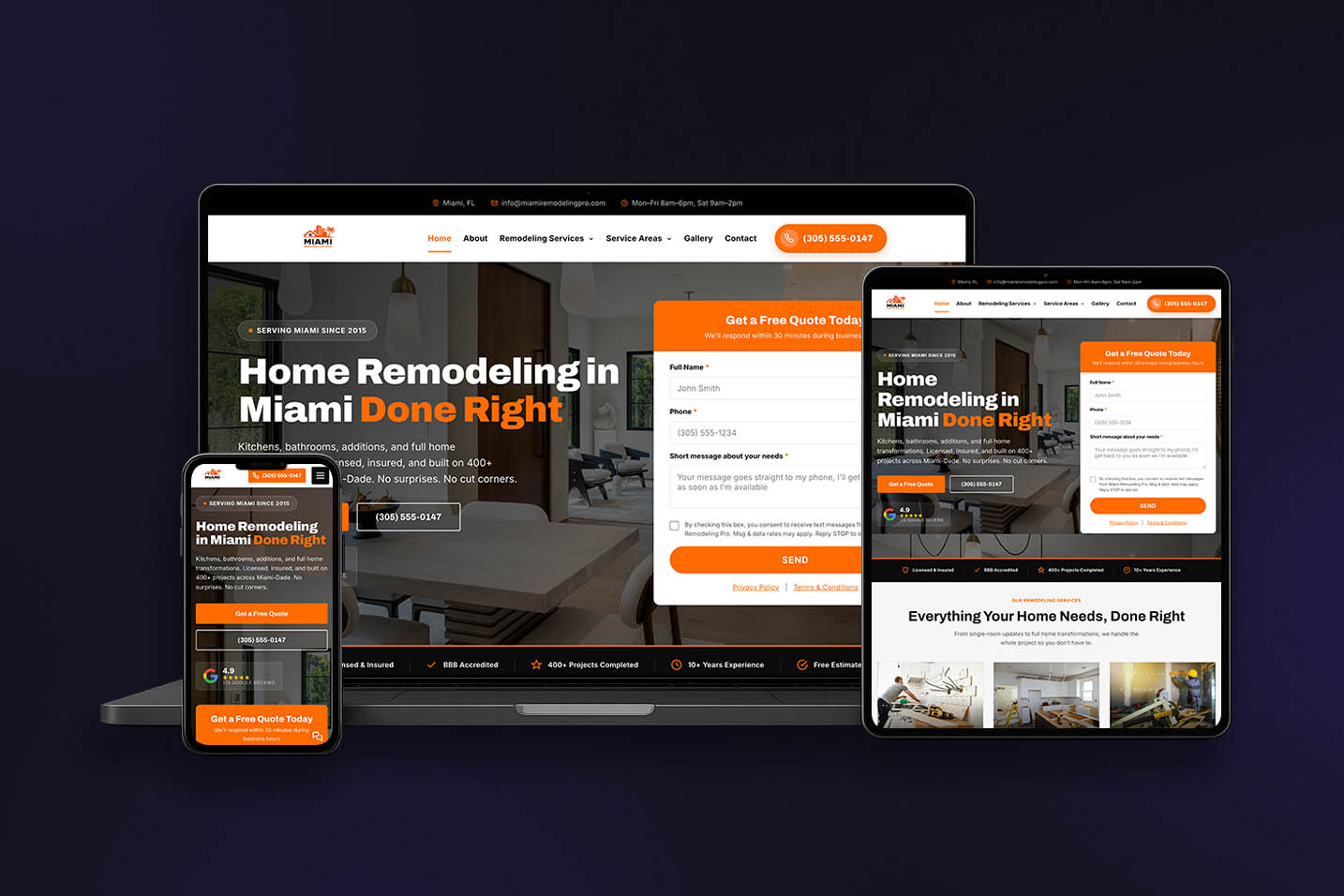 Miami Remodeling Pro website built by Fun Systems, shown on laptop, tablet and phone