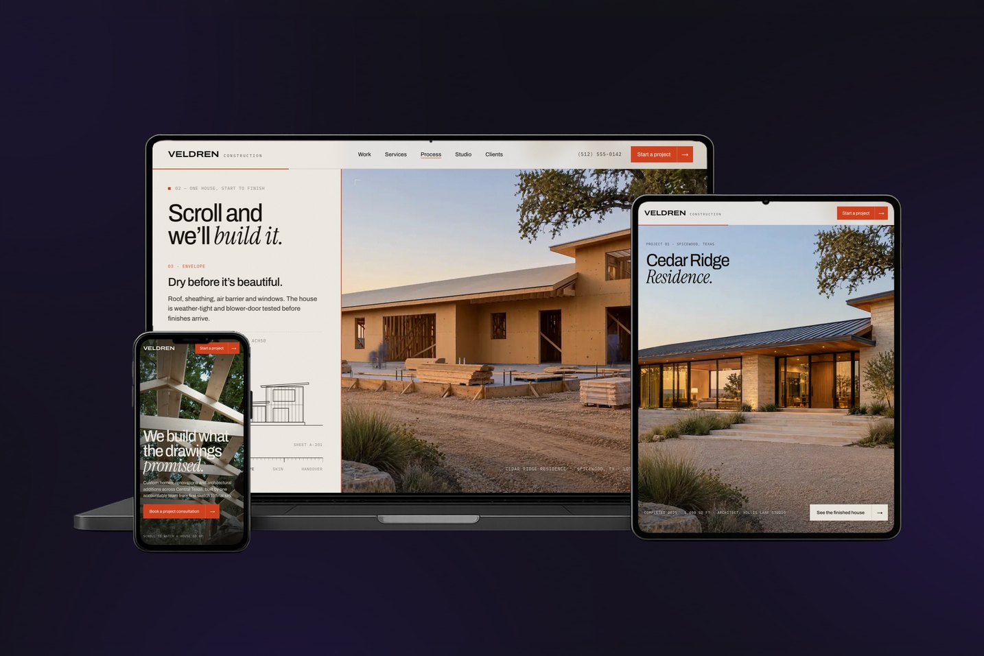 Veldren Construction website built by Fun Systems, shown on laptop, tablet and phone